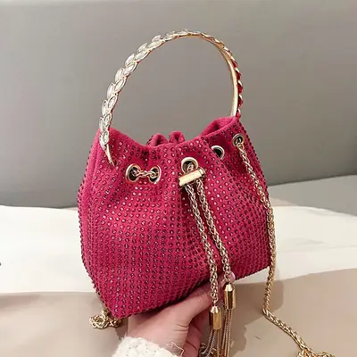 Green Textured Diamond Chain Bucket Bag for Women