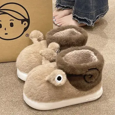 High-Top Cotton Shoes for Women, New Winter Cross-Border Style, Cute Snail Design, Fleece-Lined, Thickened, Warm, Couple's Outdoor Short Cotton Boots
