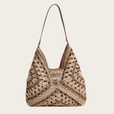 Hollow Square Flower Straw Woven Bag Black Gold