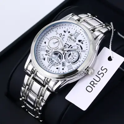 Men's Steel Belt Quartz Watch with Skeleton Design