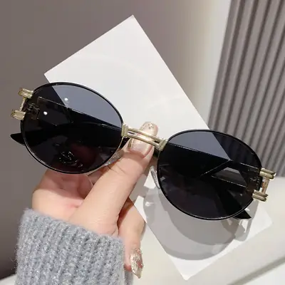 Oval Sunglasses Women Retro Metal White Sunscreen