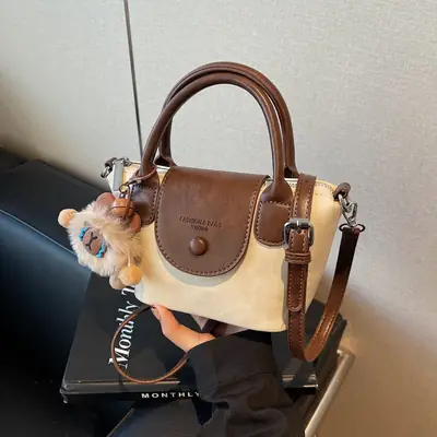 Women's Black Leather Shoulder Bag with Cute Pom Pom Charm