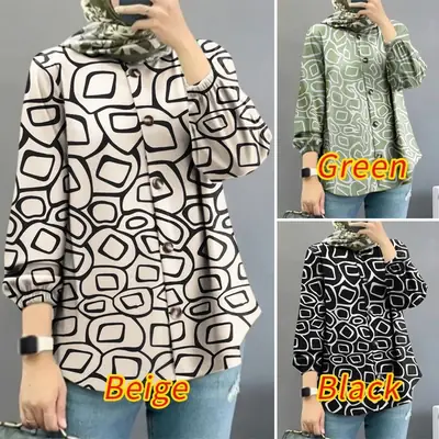 Women Muslim Floral Puff Sleeves Green Black Belige