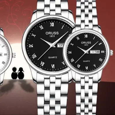 Oruss Men's Women's Quartz Couple Watches Silver Link