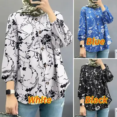 Women Muslim Floral Shirt Blue Puff Sleeves 2025
