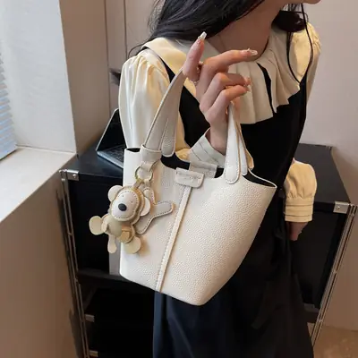 Korean-style Women's Brown Bucket Bag with Teddy Bear Charm