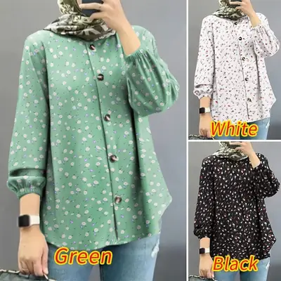 Women Muslim Floral Puff Sleeves Shirt Black 2025