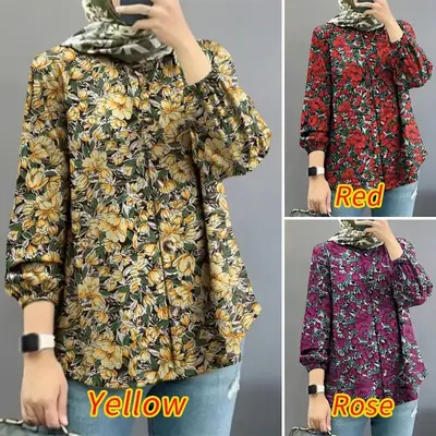 Women Muslim Floral Puff Sleeves Shirt Red 2025