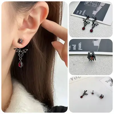 High-End Women's Spider Bat Earrings Set with Red Rhinestone
