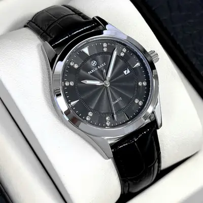 Men's Black Quartz Watch with Leather Strap