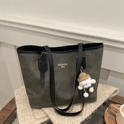 Women's Brown Velvet Casual Tote Bag with Pom Pom Charm
