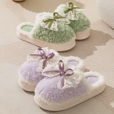 Women's Pink Bow Winter Slippers Warm Cotton