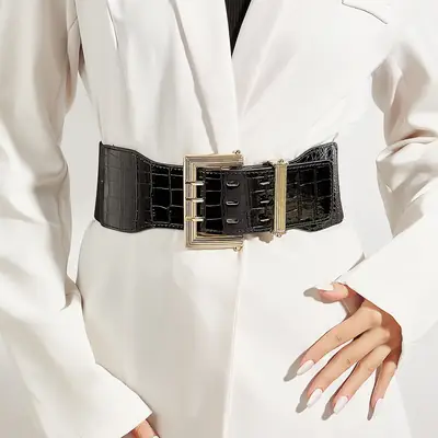 Black Croc Belt with Gold Buckle for Women
