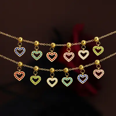Stainless Steel Heart Pendant Necklace with Colored Diamonds