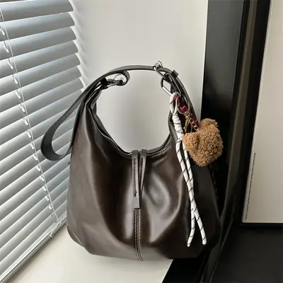 Vintage Brown Leather Shoulder Tote Bag with Pom Pom