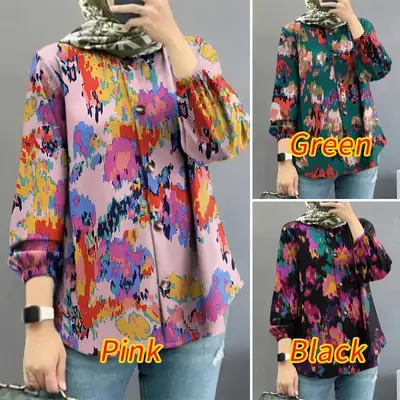 Women Muslim Floral Puff Sleeve Shirt Black