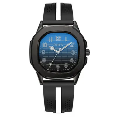 Men's Black Strap Quartz Watch with Blue Dial