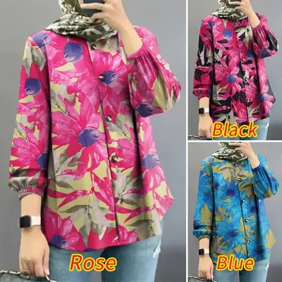 Women Muslim Floral Puff Sleeves Shirt 2025