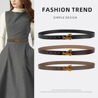 Green Leather Belt with Gold L Buckle for Women