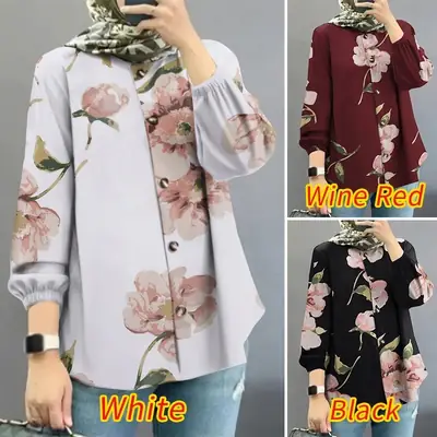 Women Muslim Floral Puff Sleeve Shirt Light Grey