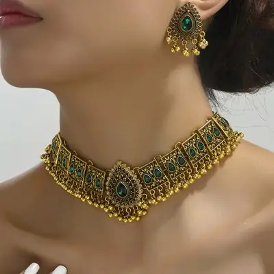 European and American Cross-border Fashion Retro Medium Dongfeng Peacock Style Water Drop Temperament Exaggerated Ladies Necklace Earrings suit