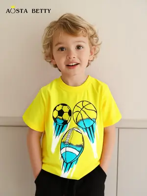 Summer Football Print Boys T-Shirt Yellow Knitted Cotton