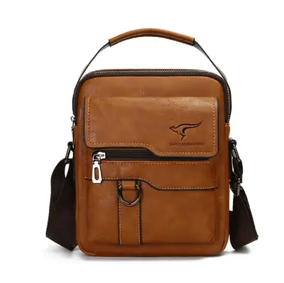 Men's Black Leather Crossbody Shoulder Bag with Zip Pockets