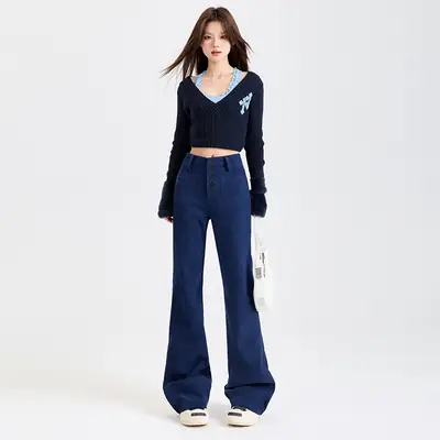 Young Orange# Retro Dark Blue Corduroy Micro-La Casual Pants Women's High Waist Slim-fit High-grade All-match Pants