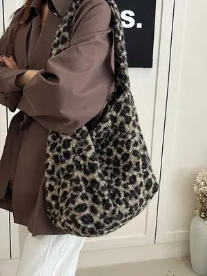 Leopard Print Wool Shoulder Bag Women Large Capacity
