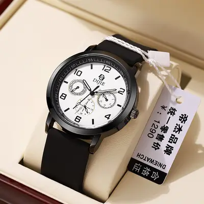 Men's Black Dial Quartz Watch with Green Silicone Band
