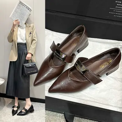 Women Pointed V-Mouth Leather Mules with Thick Heel