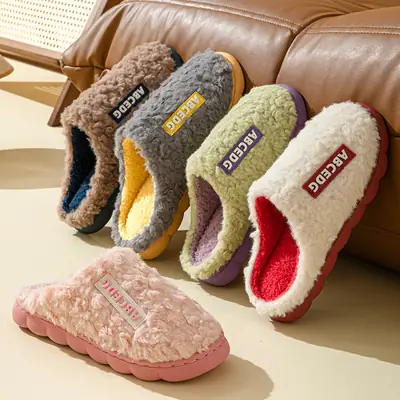 Letter Style Plush Cotton Slippers for Men and Women in Winter, Warm and Non-Slip, Home Soft Bottom, Silent and Thickeneded, Comfortable Cotton Slippers for Couples