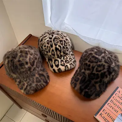 Women Leopard Print Winter Warm Cap Wide Brim