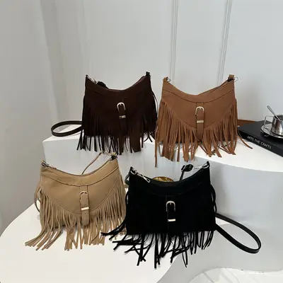 Black Fringe Tassel Shoulder Bag for Women 2024 Winter