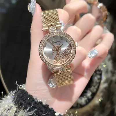 Women's Gold Crystal Swan Watch with Mesh Band
