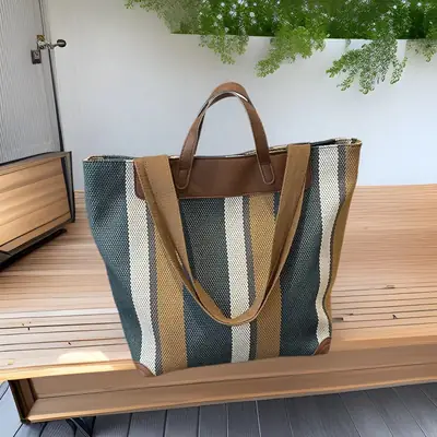 Women Plaid Crossbody Tote Bag Large Capacity Brown Striped