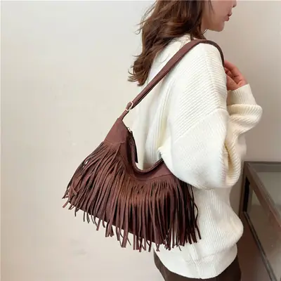 2025 Retro Tassel Shoulder Bag Brown European Style