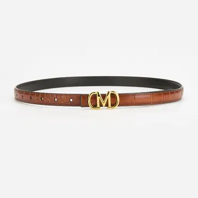 Black Croc Embroidered Belt with Gold M Buckle
