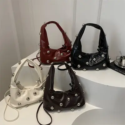 2024 Winter Women's White Rivet Shoulder Bag