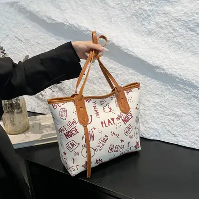 Women Cartoon Print Cartoon Tote Bag Black White
