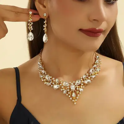 Luxury Bridal Necklace Set with Water Drop Diamonds 51cm