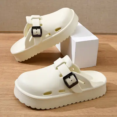Women's White Buckle Slippers Thick Sole Casual Sandals