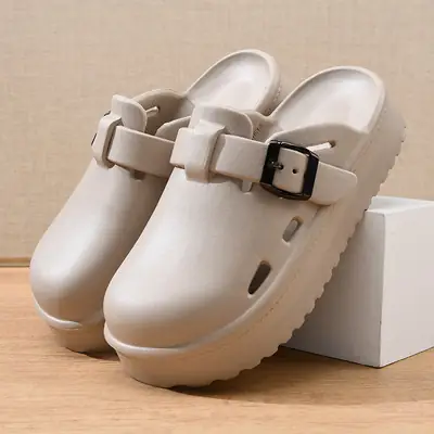 Women's Beige Buckle Sandals Platform Slip On
