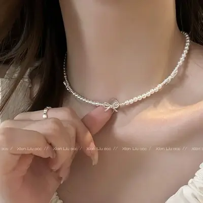 Silver Bow Pearl Choker Necklace for Women
