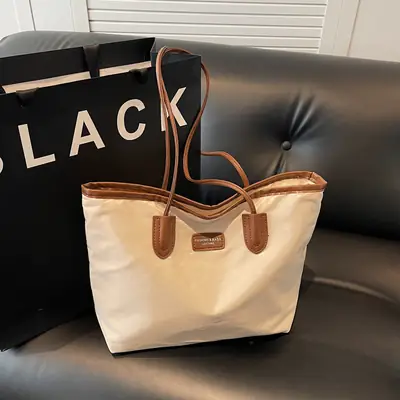 Oxford Cloth Colorblock Large Tote Bag Brown