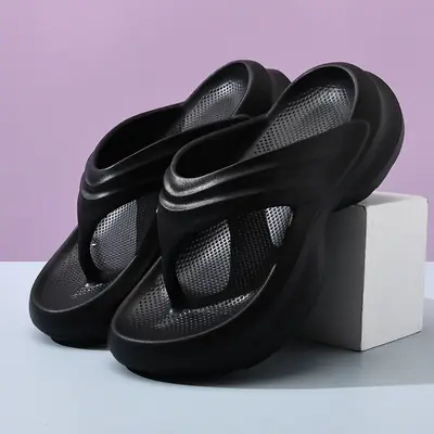 Women's Cream Thick Heel Flip Flops Summer Sandals