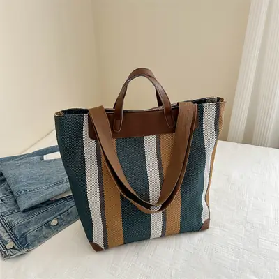 Women Striped Canvas Tote Bag Large Capacity Winter New Arrival