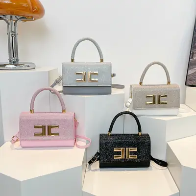 Women's Light Grey Square Shoulder Bag with Gold Clasp