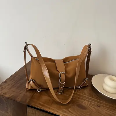 Women's Brown Leather Shoulder Bag with Buckle Detail