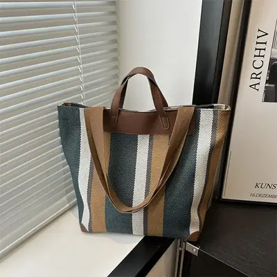 Women's Striped Canvas Commuter Tote Bag Brown Beige